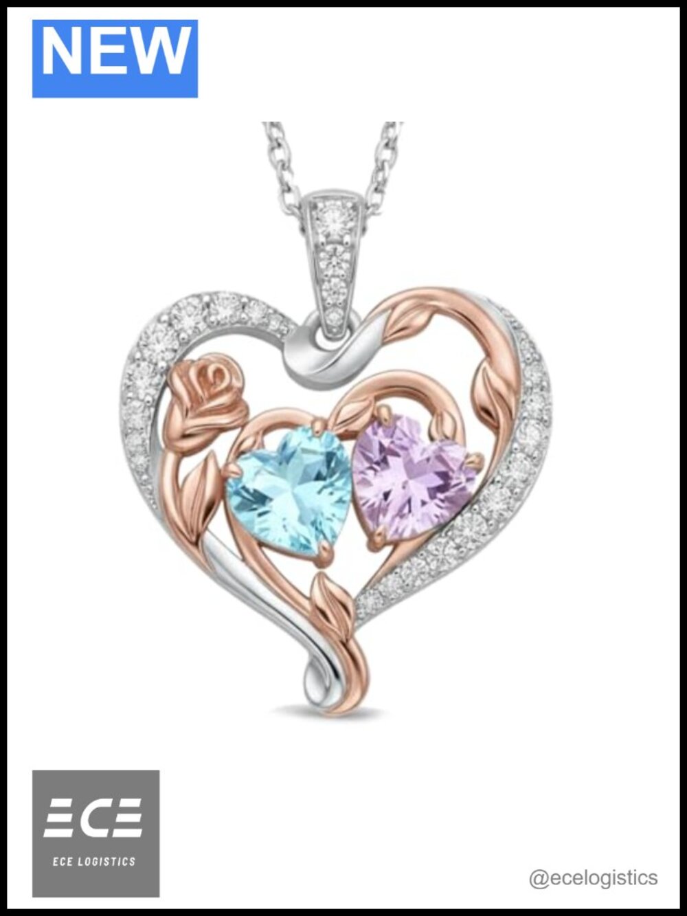 Rose Birthstone Necklace Heart Pendant Adjustable Chain Gift for Women